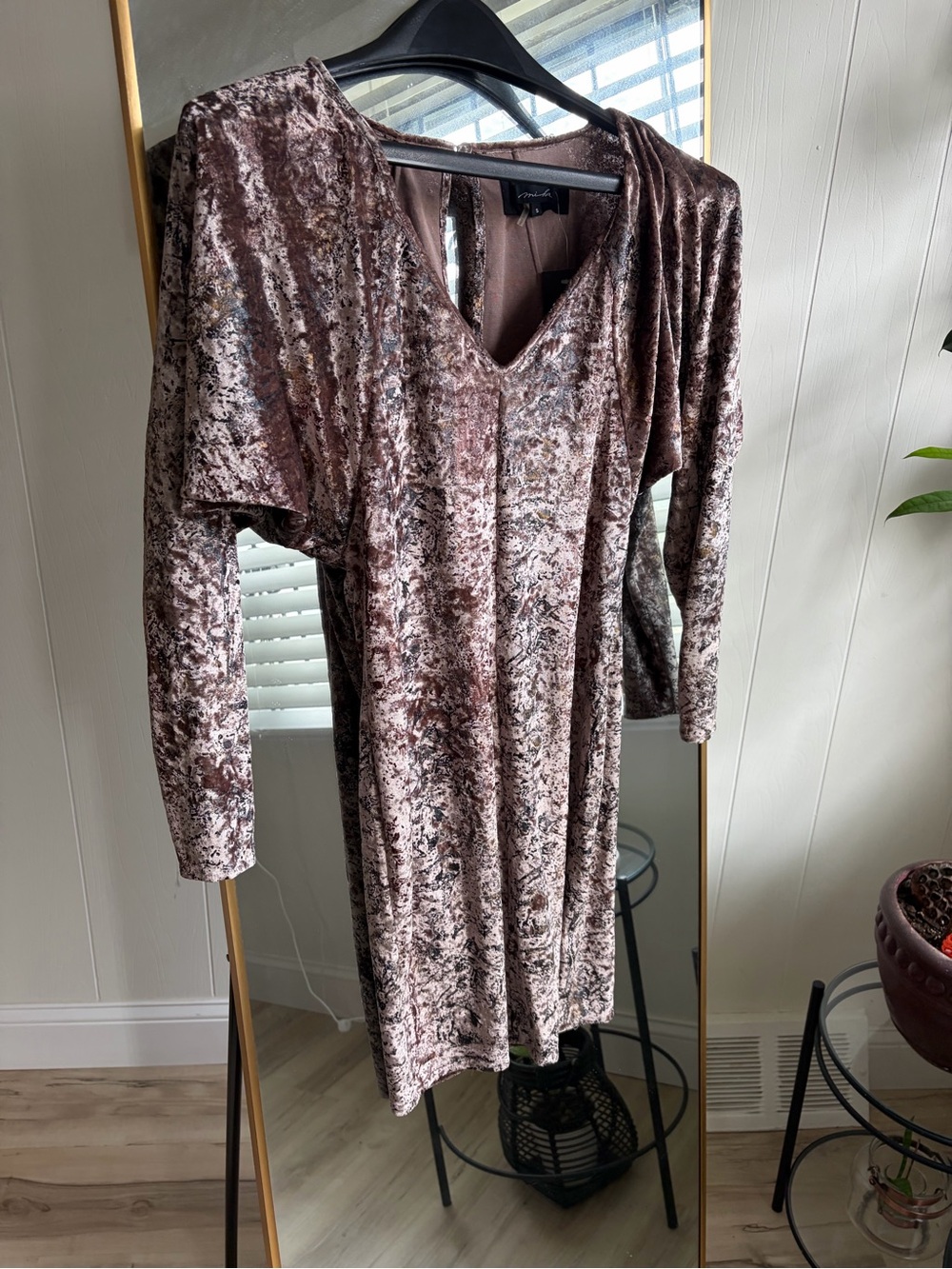 Mishka Crushed Velvet Long-Sleeve V-Neck Dress in Brown